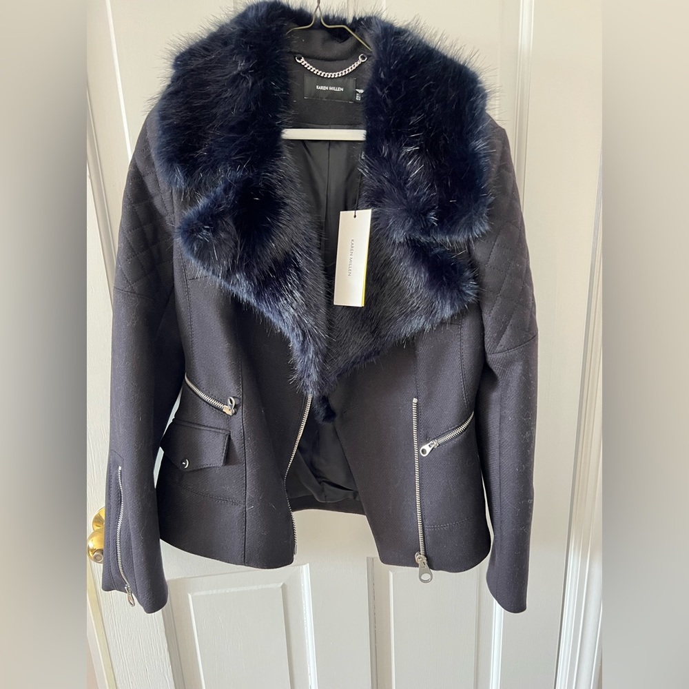 Karen Millen wool waist length fur trim navy jacket